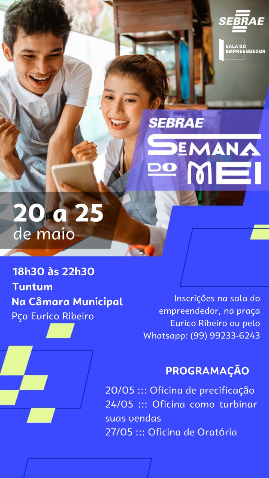 A Sala do Empreendedor de Tuntum, dos dias 20 a 25 de maio realizará a Semana MEI juntamente com o Sebrae, um evento que reúne microempreendedores, onde vamos ter varias oficinas